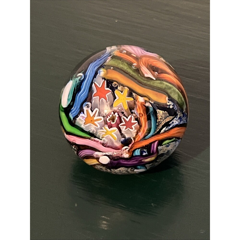 Doug Sweet Fantasy Orb Starfish Millefiori Dichroic Art Glass Marble Paperweight